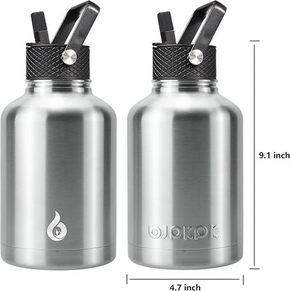 BJPKPK Insulated Water Bottles with Straw Lid, 50oz Large Water Jug, Stainless Steel Vacuum Bottles, Hot & Cold Thermo with 3 Lids and Paracord Handle,Stainless Steel