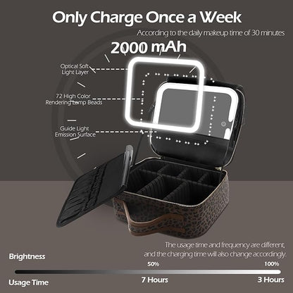 MOMIRA Makeup Train Case Makeup Bag with Light up Mirror Cosmetic Bag Organizer Detachable Portable Travel Makeup Case with Adjustable Dividers Makeup Brushes Storage, Waterproof,Leopard-Dark brown