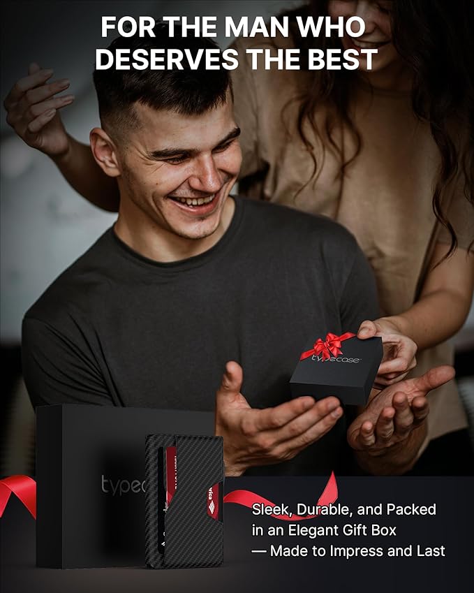 typecase Wallet for Men: Rfid-blocking with Money Clip Slim Leather Bifold ID Window Smart Pop Up Card Case Front Pocket Wallet with Gift Box (Carbon Fiber Black)