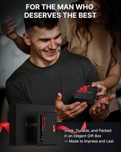 typecase Wallet for Men: Rfid-blocking with Money Clip Slim Leather Bifold ID Window Smart Pop Up Card Case Front Pocket Wallet with Gift Box (Carbon Fiber Black)