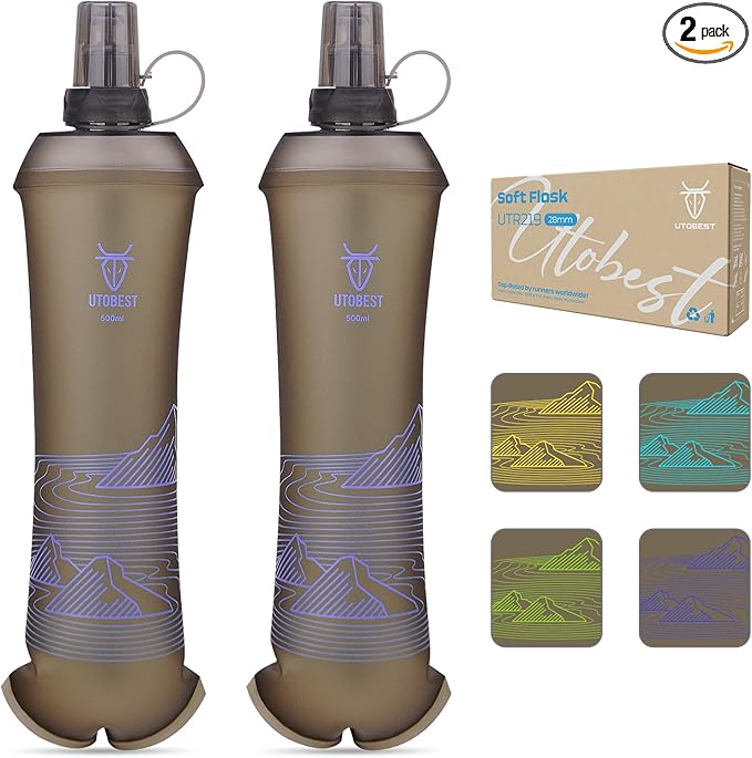 500ml Soft Flask, 2 Pack Flexible TPU Hydration Water Bottle, Collapsible with 28mm Caliber for Running, Hiking, Cycling, Climbing, and Marathon Purple