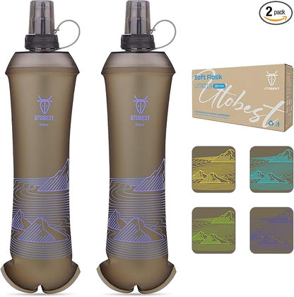 500ml Soft Flask, 2 Pack Flexible TPU Hydration Water Bottle, Collapsible with 28mm Caliber for Running, Hiking, Cycling, Climbing, and Marathon Purple