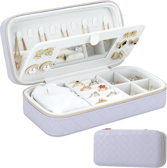 DesignSter Jewelry Organizer, Small Portable Travel Jewelry Storage for Women, Woven Embossed PU Jewelry Case with Mirror for Ring Earring Necklace Bracelet