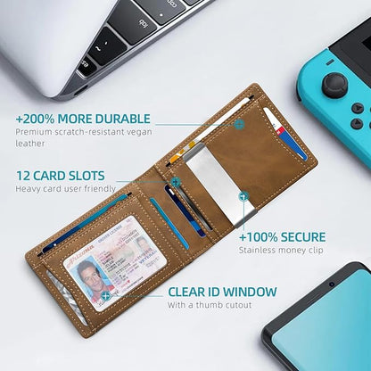 Zitahli Money Clip Wallets for Men,Slim Bifold Wallet 10-12 Cards, Mens Leather Wallet with ID Window,RFID Blocking Thin Minimalist Credit Card Holder,Gifts for Him