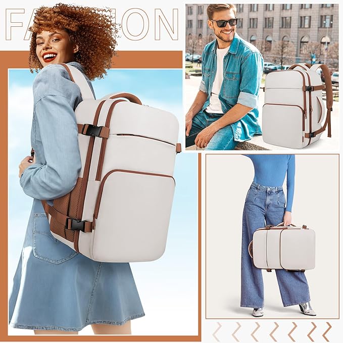 ZOMFELT Travel Backpack for Women Men, Carry On Backpack, TSA 15.6inch Laptop Backpack Flight Approved, Personal Item Travel Bag Nurse Bag Casual Daypack for Weekender Business Trip, Khaki White