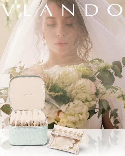 Vlando Jewelry Box with 6 Velvet Jewelry Bags Travel Jewelry Case for Women Girl Premium Petal Hardware Jewelry Organizer Necklace Rings Earrings Bags Bride Teacher Mom Gifts-Mint Green