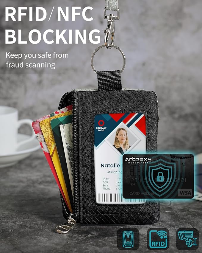 Minimalist Wallet For Mens Womens, Keychain RFID Blocking Zipper Small Wallet with ID Window 2 Lanyards,Water Resistant Travel Cash Card Coin Case Boys Girls