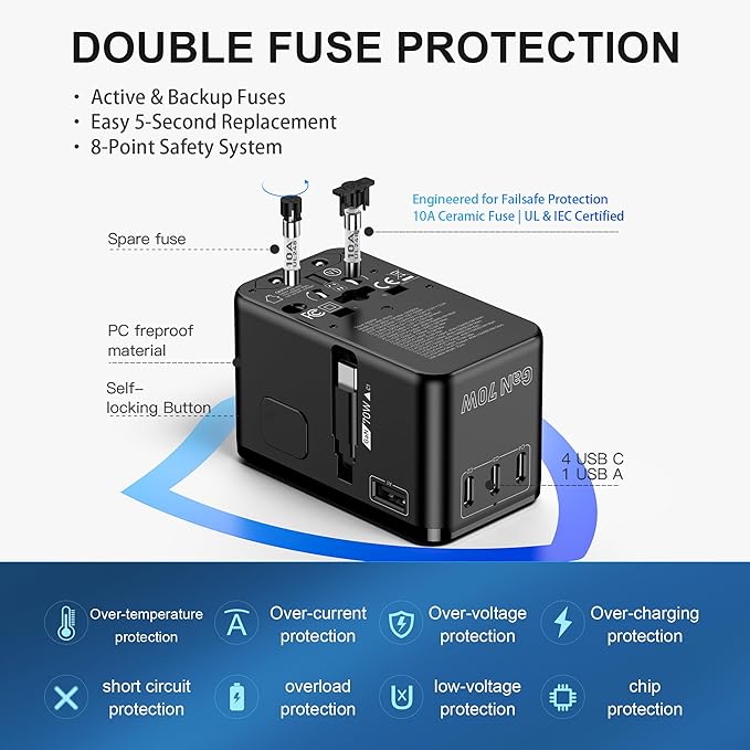 70W GaN Universal Travel Adapter, 6-in-1 International Power Adapter for US/EU/UK/AUS & 200+ Countries, European Travel Plug Adapter with Built-in USB-C Cable & 4-Ports for Laptop, Phone