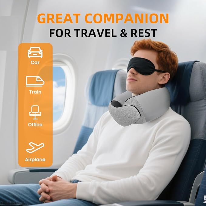Travel Neck Pillows for Airplanes, Premium 100% Memory Foam Neck Pillow with Alternative Cooling Ice Silk Cover - Upgrade Liner Enables Easy Pillowcase Cleaning, Travel Pillow Fits Plane, Car, Train