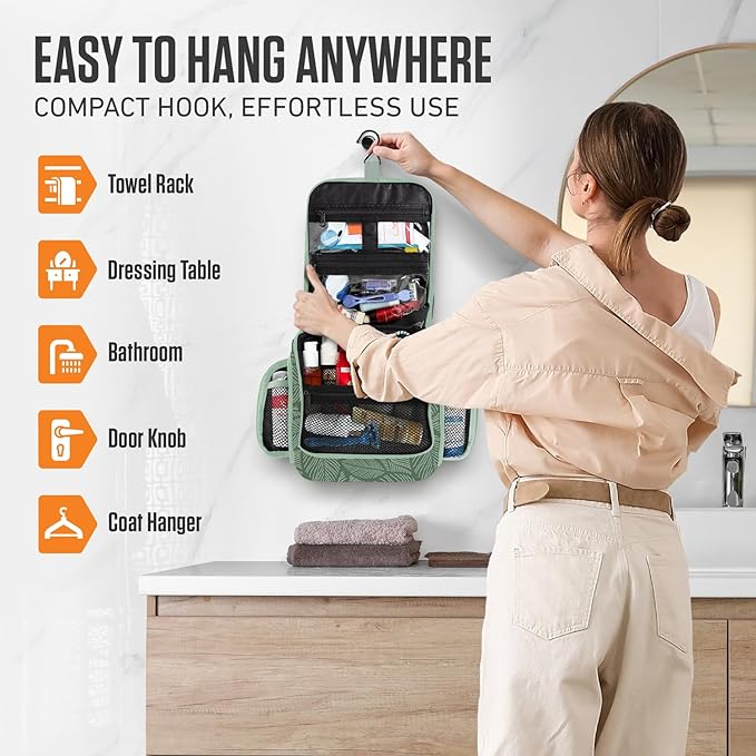 VENTURE 4TH Hanging Travel Toiletry Bag for Women & Men - Travel Organizer with Expandable Compartments & Removable Clear Pouch for Toiletries (Green Leaves)