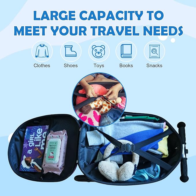 Yacul Kids Suitcase Scooter, 2-in-1 Foldable Luggage with LED Light Wheels, Lightweight Carry-On Travel Suitcase for Boys and Girls(Blue)