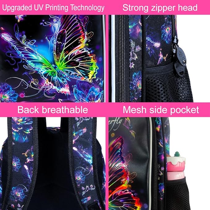 WZLVO 3PCS Butterfly Backpack for Girls, 16" Kids Preschool Bookbag with Lunch Box, Water Resistant School Bag for Elementary Kindergarten Toddler