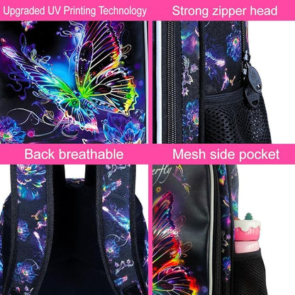 WZLVO 3PCS Butterfly Backpack for Girls, 16" Kids Preschool Bookbag with Lunch Box, Water Resistant School Bag for Elementary Kindergarten Toddler