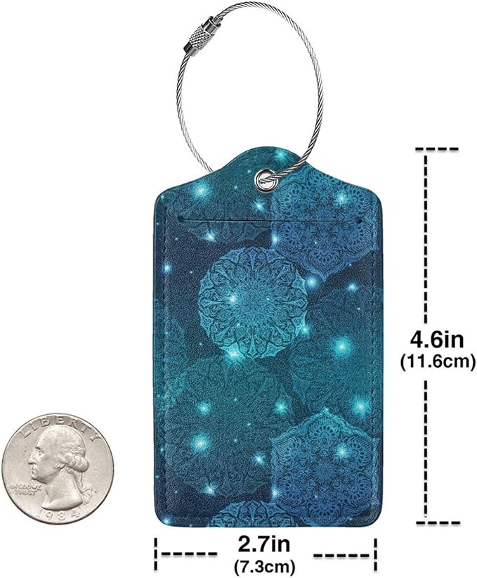 2Pcs Glowing Mandala Themed Luggage Tags for Suitcases, Beautiful Art Teal Blue Name ID Identifier Labels for Baggage Travel Bag, Shine Aesthetic Leather Bag Tags with Full Privacy Cover