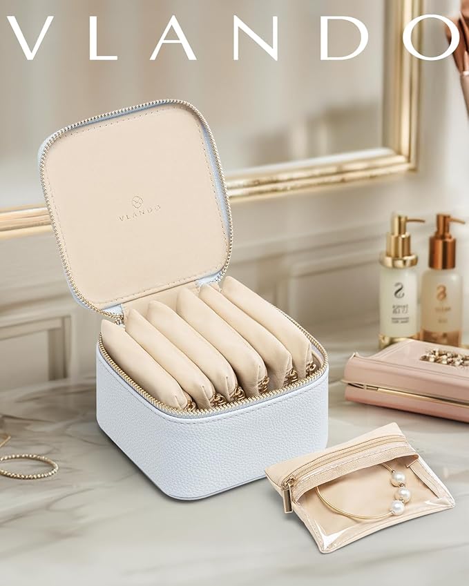 Vlando Small Jewelry Organizer,Travel Jewelry Case with 6 Velvet Jewelry Zipper Bags for Girls,Ideas Gifts for Christmas Wedding,Birthday,Graduation-Baby Blue