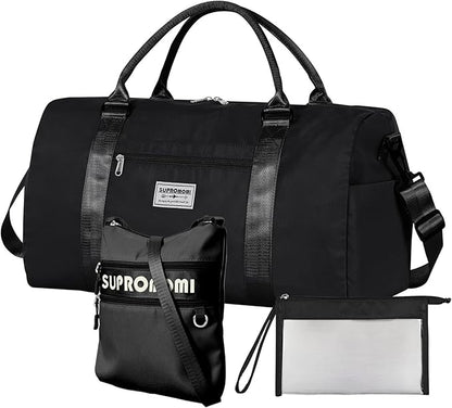 Large Travel Duffel and Small Crossbody Bag, Sports Tote Gym Yoga Airplane Carry-on, Extra Shoe with Clear Makeup Bag, Overnight for Men and Women, Black