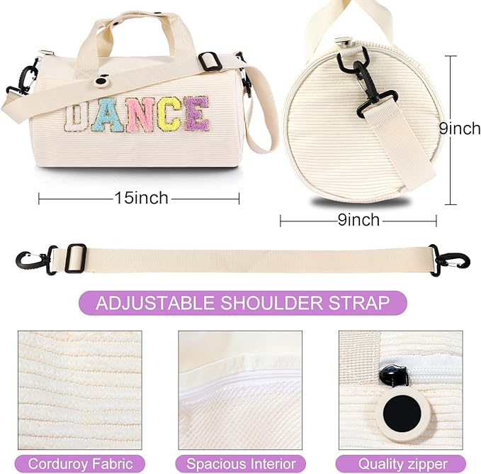 SAIWEILAI ONLINE Dance Ballet Bag for Girls Sport Gym Duffle Bags Overnight Travel Bags Fun Dance Corduroy Chenille Letter Bag for Teen Adult Dancers (Beige)