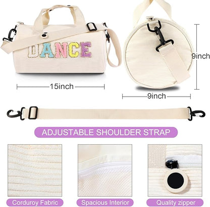 SAIWEILAI ONLINE Dance Ballet Bag for Girls Sport Gym Duffle Bags Overnight Travel Bags Fun Dance Corduroy Chenille Letter Bag for Teen Adult Dancers (Beige)