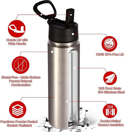 Volhoply 24oz Insulated Water Bottle With Straw Bulk 3 Pack,Metal Wide Mouth Water Bottles With Handle Lid Keep Cold,Reusable Double Wall Cups,Powder Coated Sport Bottle For Holder(Silver,3 Count)