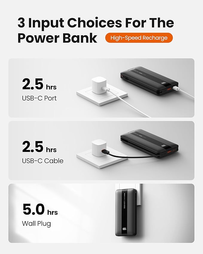 Portable Charger with Wall Plug, Fast Charging Power Bank Built-in Cables, Slim 10500mAh 22.5W 4 Outputs 3 Inputs LED Display External Battery Pack Compatible with iPhone/Android (Black)