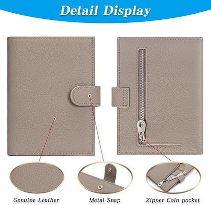 Passport Holder for Travel Women RFID Blocking Genuine Leather Passport Wallet with Card Slots, Zipper Coins Pocket, Cash Holder, Grey
