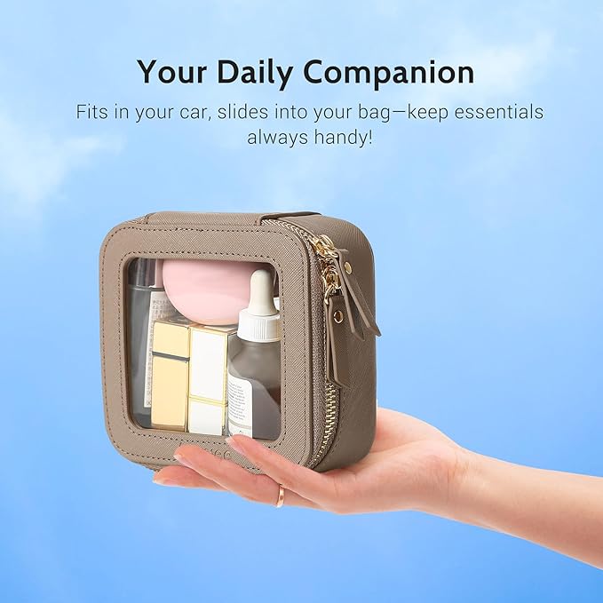 Aveniee Mini Clear Makeup Bag, Small Cosmetic Bags Travel Toiletry Pouch Organizer, TSA Approved Make up Case with Zipper, Car Bag for Essentials,Taupe