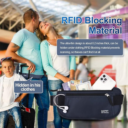 RFID Blocking Money Belt for Men Women, Slim Fanny Pack for Travel，Running,Conceal Waist Wallet for Passport Holder,Phone,Cash(Black Dark Blue)