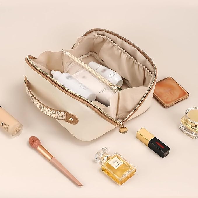 Prite Makeup Bag for Women Travel Waterproof Vegan Leather Cosmetic Bag Open Flat Toiletry Bag With Clear Divider and Handle (Beige)