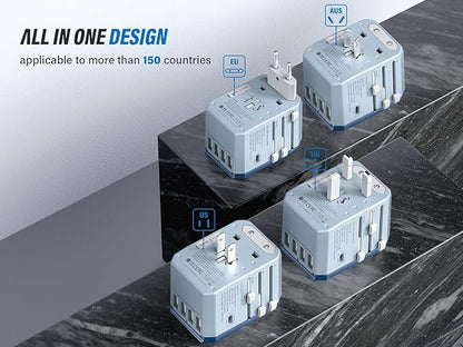 EPICKA European Travel Plug Adapter, Universal Travel Adapter - International Power Adapter Worldwide Charger with USB-C & 4 USB-A Ports, Travel Essentials for Italy, Japan, Europe, UK (TA-105, Blue)