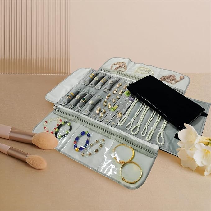 Velvet Travel Jewelry Case Roll Bag Organizer for Necklace Bracelet Earrings Ring (Black) (grey and black)