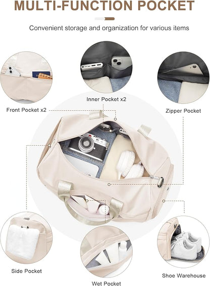 Gym Bag for Women Men with Shoe Compartment, Sport Duffel Bag, Waterproof Travel Weekender Overnight Carry on Bag for Yoga with Trolley Sleeve, Beige