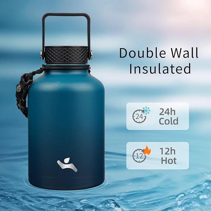 Insulated Water Bottle with Straw,50 oz 3 Lids Water Jug with Carrying Bag,Paracord Handle,Double Wall Vacuum Stainless Steel Metal Flask,Indigo Black