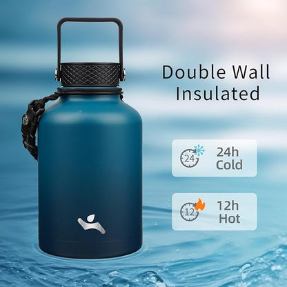 Insulated Water Bottle with Straw,50 oz 3 Lids Water Jug with Carrying Bag,Paracord Handle,Double Wall Vacuum Stainless Steel Metal Flask,Indigo Black