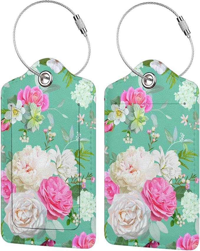 Set of 2 Beautiful Floral-Themed Luggage Tags with Pink and White Roses Flower Pattern, Cute Succulent Green Suitcase Travel Tags for Women Girls, Name ID Identifier Labels with Full Privacy Cover