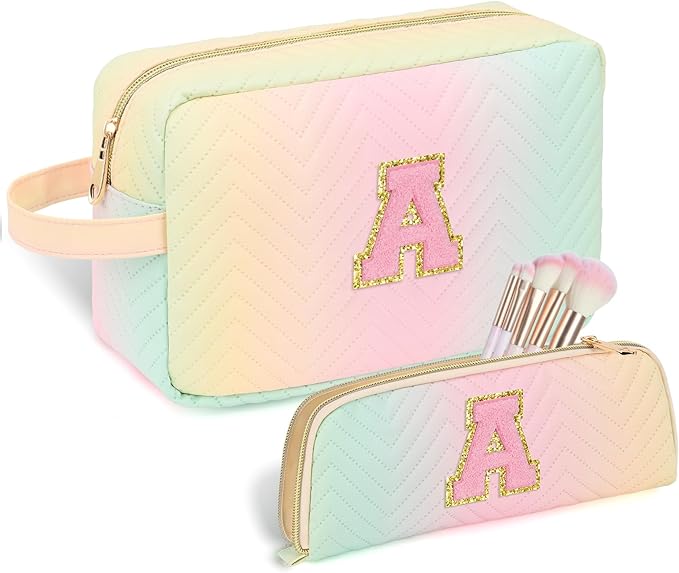 Personalized Initial Makeup Bag Trendy Stuff Leather Waterproof Cosmetic Bag Travel Toiletry Bag, Christmas/Thanksgiving/Halloween Gifts Makeup Organizer Case for Women Girls Mom Girlfriend Wife