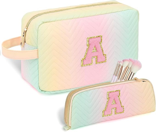 Personalized Initial Makeup Bag Trendy Stuff Leather Waterproof Cosmetic Bag Travel Toiletry Bag, Christmas/Thanksgiving/Halloween Gifts Makeup Organizer Case for Women Girls Mom Girlfriend Wife