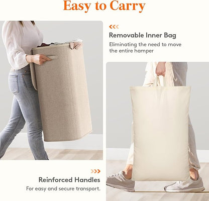 Lifewit 105L Laundry Basket with Lid, Large Laundry Hamper with Plastic Handles and Removable Bag, Foldable Tall Dirty Clothes Hampers for Laundry for Laundry Room, Bedroom, Bathroom, Dorm, Beige