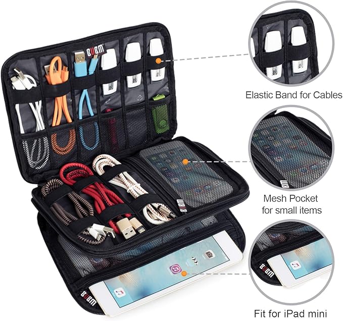 BUBM Double Layer Electronic Accessories Organizer, Travel Gadget Bag for Cables, USB Flash Drive, Plug and More, Perfect Size Fits for iPad Mini (Medium, Black)