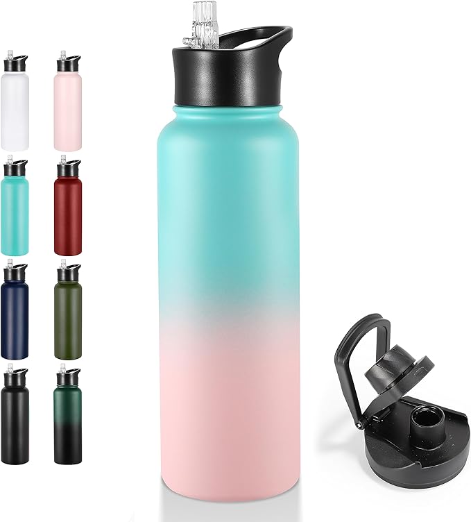 VEGOND 40 oz Insulated Water Bottle Stainless Steel Metal Water Bottles with Leak Proof Straw Lid & Spout Lid, Wide Mouth Double Walled Vacuum Travel Sports Bottle Cup, Green Pink