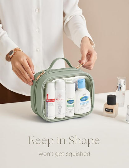 Clear Cosmetic Bag Double Layer Travel Toiletry Bag Clear Makeup Bag Case with 4 Compartments, Transparent Travel Bag for Toiletries, Large Toiletry Bag for Women Cosmetic Case (Sage Green, Small)