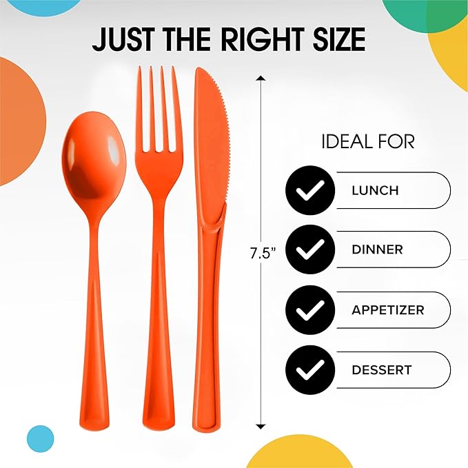Orange Plastic Silverware Heavy Duty 300 Pieces Orange Disposable Silverware Heavy Duty, Utensil Sets, 100 Of Each Forks, Knives & Spoons Disposable Cutlery Set For Party Supplies