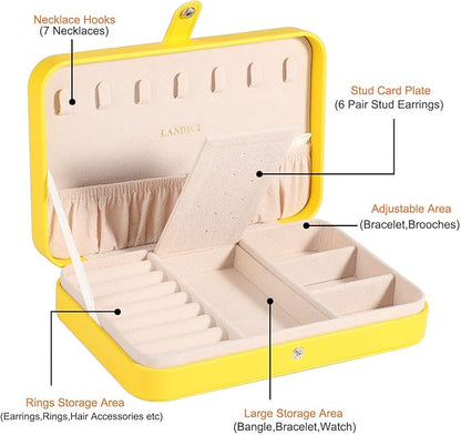 LANDICI Small Jewelry Box for Women Girls, PU Leather Travel Jewelry Organizer Case, Portable Jewellery Storage Holder Display for Ring Earrings Necklace Bracelet Bangle Watch Men Kids Gift, Yellow