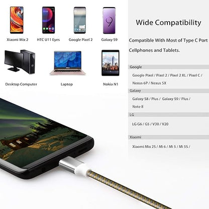 Fasgear USB C to USB A Cables 3 Pack 10ft Long 3A Fast Charging Type-C 2.0 Charger Cable Braided Compatible with Galaxy S21 Plus Note 10 S9 S8 A60 A5/LG V20 G6/Moto G/PS5 Controller (Gold/Red/Purple)