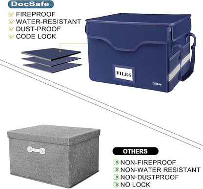 DocSafe Fireproof Document Box with Lock, File Storage Organizer with Mesh Pockets, Collapsible Portable File Box Home Office Safe Filing Cabinet with Handle for Hanging Letter/Legal Folder, Blue