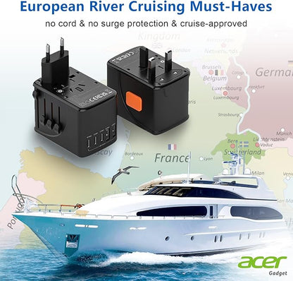 Acer 70W GaN Universal Travel Plug Adapter - International Power Adapter with 3 USB C & 1 USB A, Worldwide Power Outlet Travel Essentials for USA to European UK AUS Ireland, Type C/G/I/A, Black