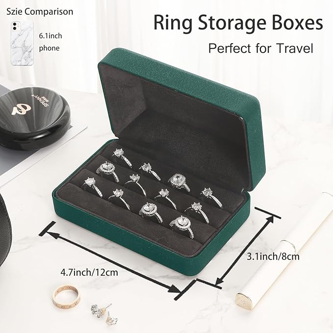 Ring Storage Boxes for Multiple Rings, Compact and Stylish Travel Jewelry case, Portable Small jewelry Organizer Box Tray Gift for Women, Girl(Green)