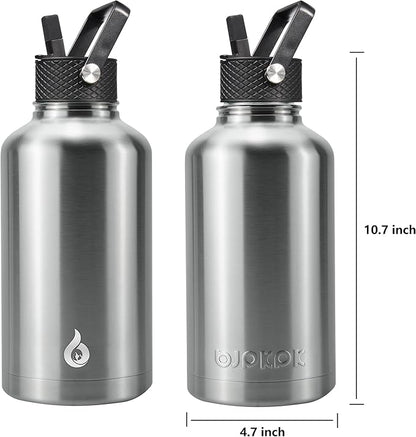 BJPKPK Half Gallon Insulated Water Bottles with Straw Lid, 64oz Large Water Jug, Stainless Steel Bottles with 3 Lids and Paracord Handle, Thermo for Hot & Cold Liquid, Stainless Steel