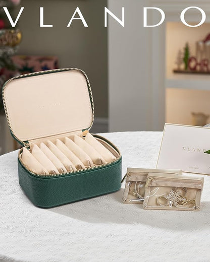 Vlando Jewelry Box with 8 Velvet Jewelry Bags Travel Jewelry Storage Box Petal Hardware Jewelry Organizer for Necklace Rings Earrings Women Gifts for Christmas Birthday-Green