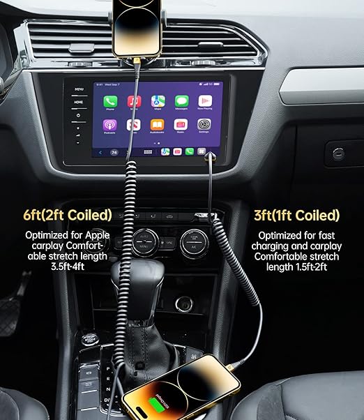 Short iPhone Charger Cable for Car, 2 Pack 3FT Coiled Lightning Cable [Apple MFi Certified] iPhone Charger Cord Compatible with iPhone 14/13/12/11 Pro Max/XS MAX/XR/XS/8/iPad/iPod/CarPlay-Gold