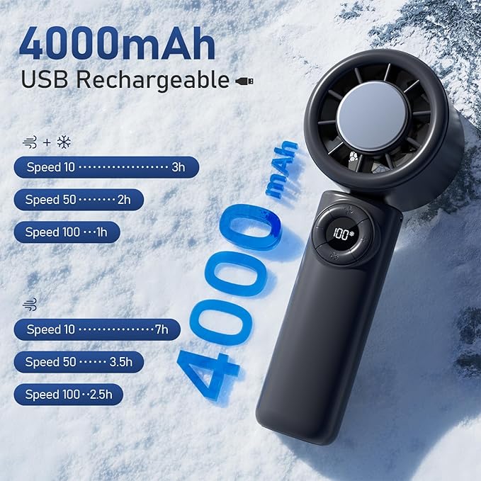 CIVPOWER Handheld Fan: Portable Small Ice Cooling Plate- 4000mAh Rechargeable 100 Gear High-Speed Turbo 10500 RPM - Personal Foldable Battery Operated for Travel Indoor Outdoor Women Men (Black)